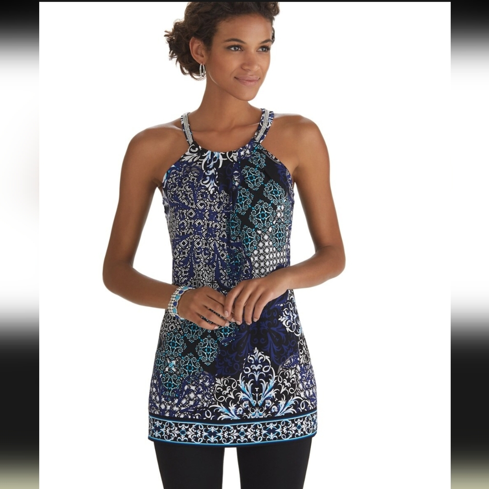 White House Black Market Womens Shirt Printed Chain Detail Tunic Top Blue Large